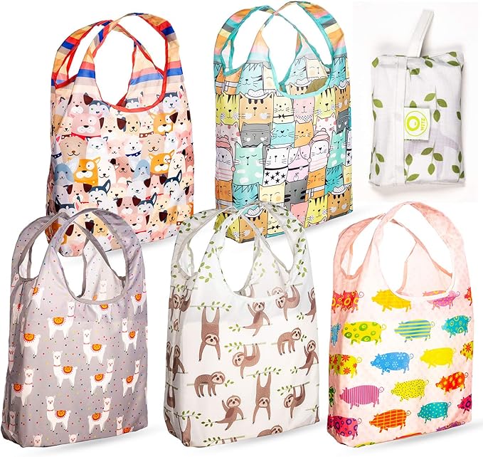 O-WITZ Reusable Grocery Bags | Vibrant Tote Bag For Groceries, Gym, Office, Beach & More | Washable Design With Large Handles For Maximum Convenience | Folds Into A Small Pouch, 5 Pack, Animals