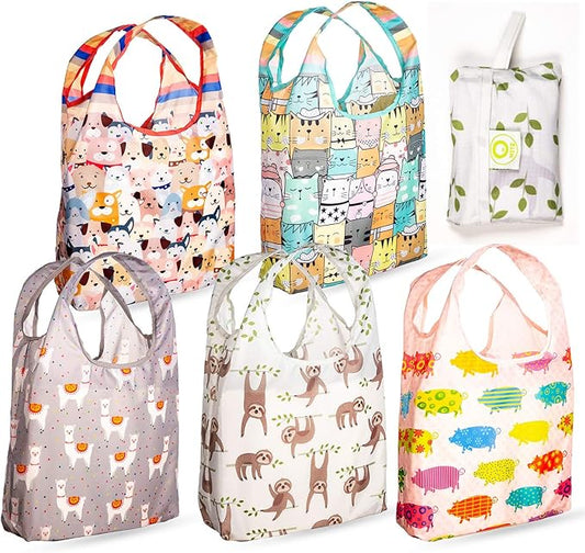 O-WITZ Reusable Grocery Bags | Vibrant Tote Bag For Groceries, Gym, Office, Beach & More | Washable Design With Large Handles For Maximum Convenience | Folds Into A Small Pouch, 5 Pack, Animals