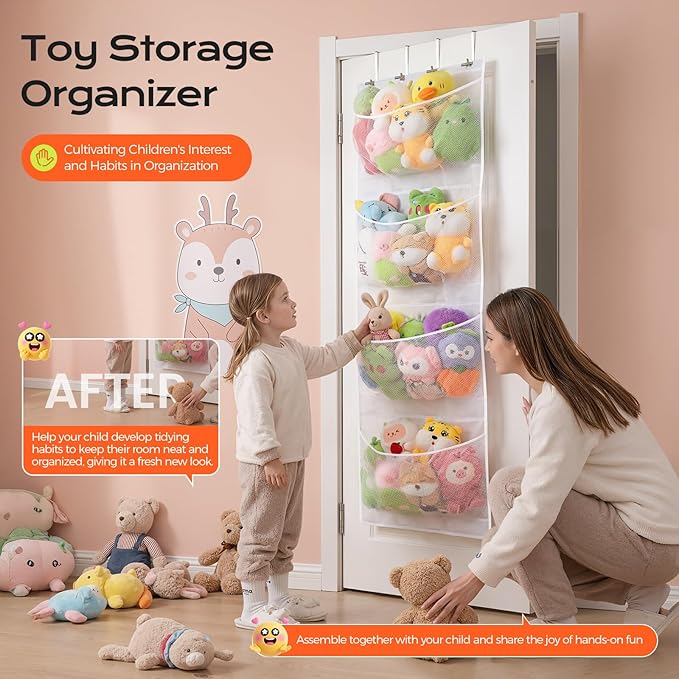 Upgraded Assembly Type Stuffed Animal Storage. Original Design & Patented, 4 Components Over the Door Organizer, Adjustable Net Layer, Suitable for Doors and Walls of Various Heights.