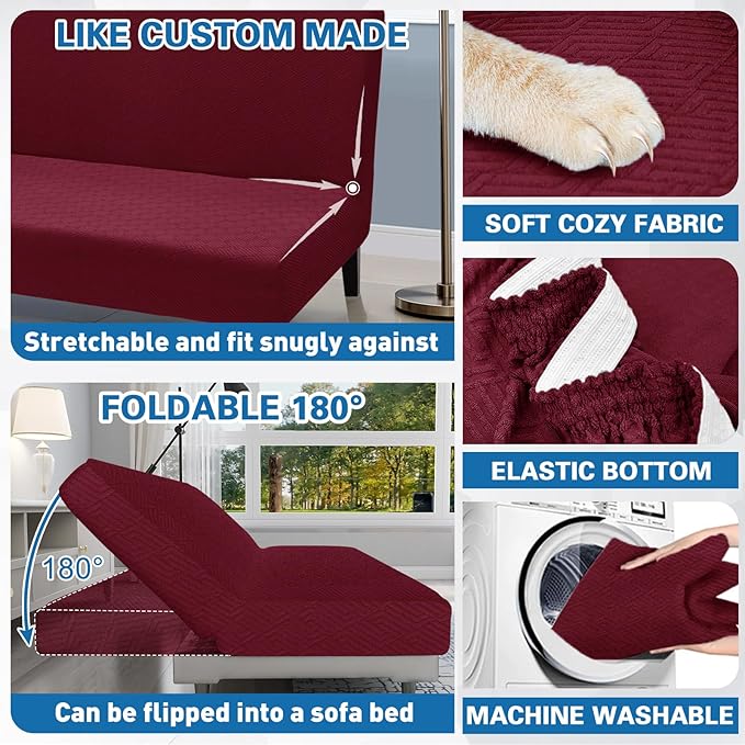 ZNSAYOTX Stretch Fit Futon Cover (67"-82") Armless Futon Sofa Bed Slipcover with Elastic Band, Universal Foldable Sofa Mattress Protector Full Queen Size, Washable Comfort Jacquard (Wine Red)