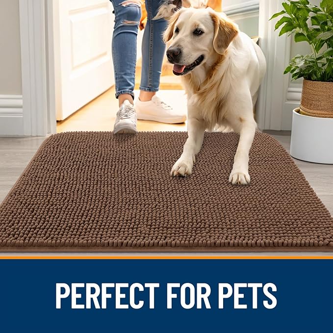 OLANLY Dog Door Mat for Muddy Paws 36x24, Absorbs Moisture and Dirt, Absorbent Non-Slip Washable Doormat, Quick Dry Chenille Mud Mat for Dogs, Entry Indoor Entryway Carpet for Inside Floor, Mocha