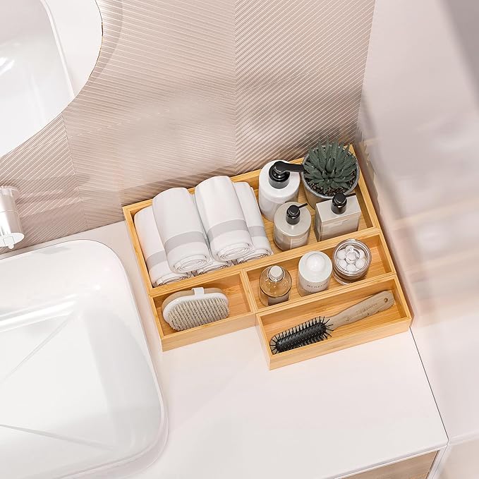 Greatseas Kitchen Drawer Organizer Bins, Stackable Bamboo Deep Drawer Organizer for Silverware, Utensils, Cutlery, Flatware, Junk Drawer, Dresser, Bathroom, 9" x 3" x 2.5" (Set of 2)