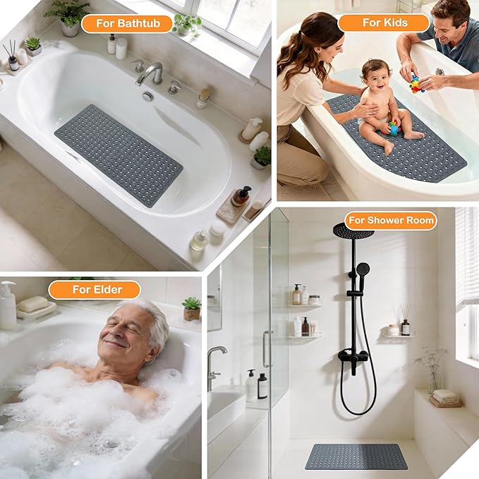 Yimobra Bath Tub Mat Non Slip, 34.5"x15.5" Long Shower Mat, Machine Washable Bathmat with Drain Holes and Suction Cups, Soft on Feet, Bathroom Essentials, Dark Grey