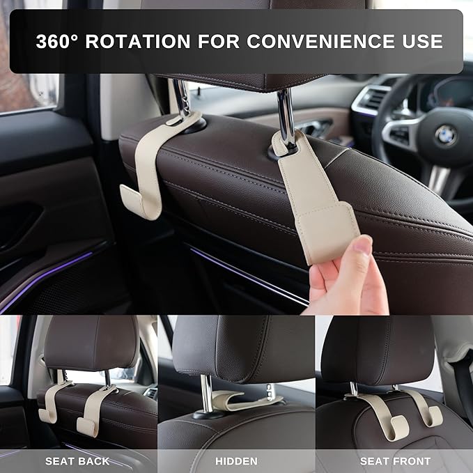 Purse Holder for Car, 2 PACK Upgraded Car Seat Hooks for Hanging Purse and Bag, Leather Headrest Hooks for Car Back Seat, Car Organization Accessories (Beige)