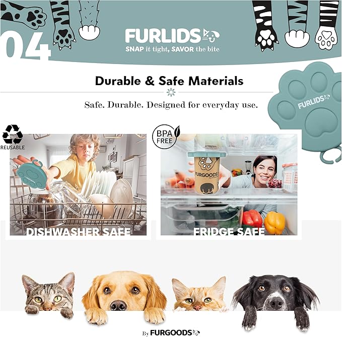FURLIDS Furgoods 4-Pack Dog Food Can Lids & Cat Food Can Lid Set with Spatula – Silicone Pet Food Cans Covers, Airtight & Reusable – Universal Fit, Dishwasher Safe