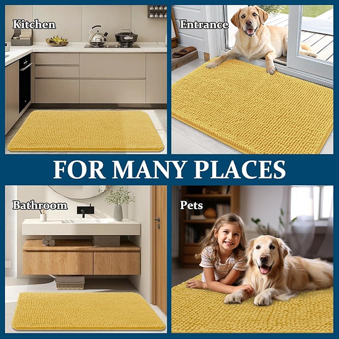 OLANLY Dog Door Mat for Muddy Paws 70x35, Absorbs Moisture and Dirt, Absorbent Non-Slip Washable Doormat, Quick Dry Chenille Mud Mat for Dogs, Entry Indoor Entryway Carpet for Inside Floor, Yellow