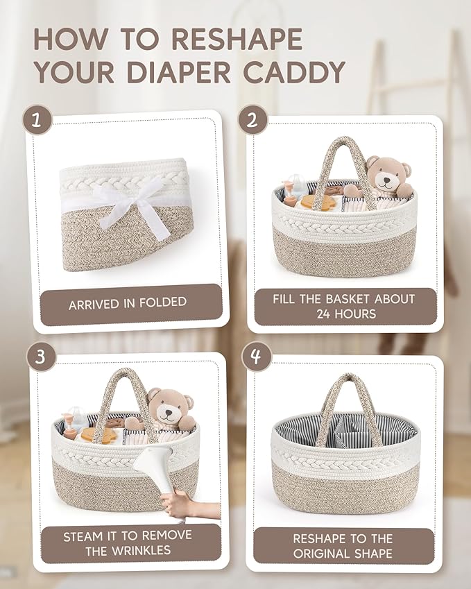 Maliton Extra Large Diaper Caddy Organizer, Cotton Rope Nursery Basket, Portable Organizer for Changing Table, Car, Diaper Storage for Baby Stuff for Newborn