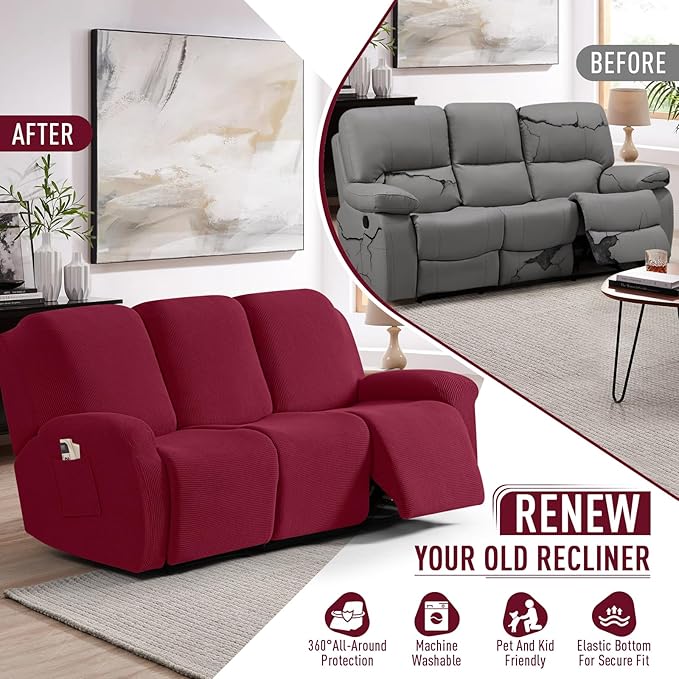 TAOCOCO Recliner Sofa Covers 8-Pieces Stretch Large Couch Covers for 3 Seats Reclining Slipcovers Soft Jacquard Pattern Furniture Protector (Burgundy)
