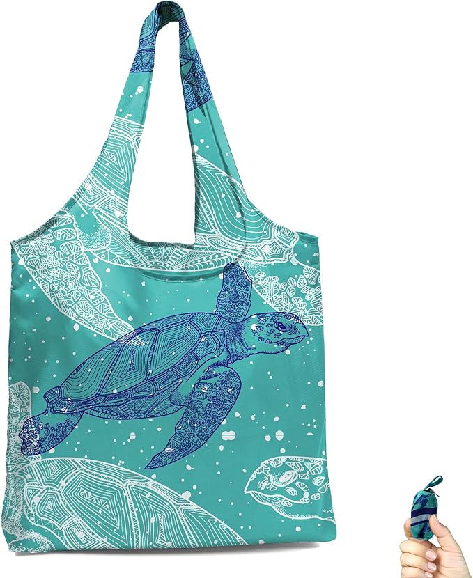 BeeGreen Turtle Reusable-Grocery-Bags-Foldable-Machine-Washable Ocean Reusable-Shopping-Bags Extra Large Reusable Bags Totes 66 Lbs Ultra-Lightweight Polyester Fabric