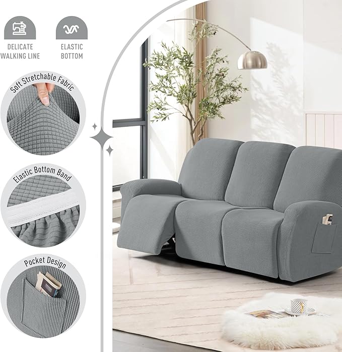TAOCOCO Recliner Sofa Covers 8-Pieces Stretch Large Couch Covers for 3 Seats Reclining Slipcovers Soft Jacquard Pattern Furniture Protector (Dusty Grey)