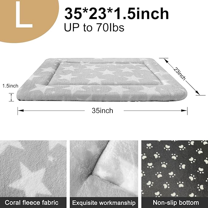 Dog Bed Mat – Soft & Comfortable Dog Kennel Pad for Crate – Durable Crate Bed & Mat for Dogs & Cats – Ideal for Crate, Kennel, and Home Use (Big&Little Stars Grey, L(35"*23"*1.5"))