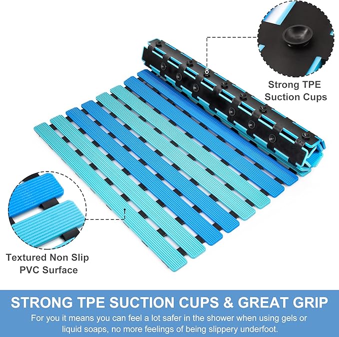 Yolife Quick Drain Shower Mat, 24.8 x 15.8 inch Power Grip Shower Mat Non Slip, Raised Non Slip Shower Mats for Inside Shower, Heavy Duty Curlable Stand up Shower Floor Mat,Blue