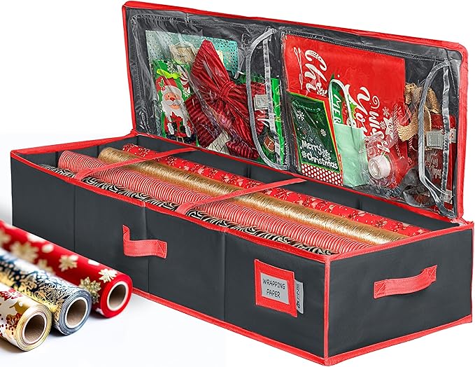 HOLDN’ STORAGE Premium Wrapping Paper Storage Container - Durable 600D Tear-Proof, Fits 27 Rolls Gift Wrap, Extra Pockets for Ribbons & Bows, Underbed Storage - Ideal for Holiday Christmas, Black