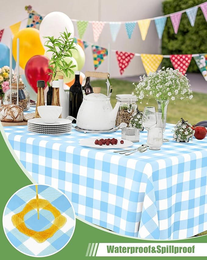 Smiry 8 Packs Gingham Disposable Table Cloth, 54 x 108 Inch Waterproof Plastic Tablecloth, Rectangle Baby Blue and White Checkered Table Covers for Picnic, Birthday, Party