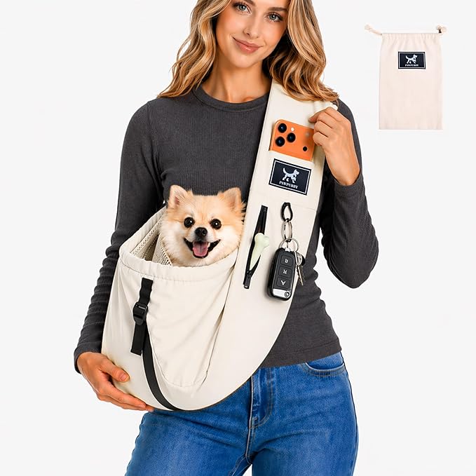 Pet Sling Carrier for Small Dogs and Cats 5-20lbs, Dog Sling with Adjustable Depth, Breathable Air Mesh Puppy Travel Bag, Water Resistant Fabric, Double Safety Leash, Machine Washable,Apricot