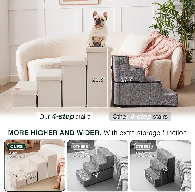 Love's cabin Dog Stairs for Small Medium or Large Dogs with Storage and Adjustable Steps, Foldable Pet Steps for Bed or Couch, 4-Step Beige Folding Cat Ramp with Zip up to 200 lbs,Beige