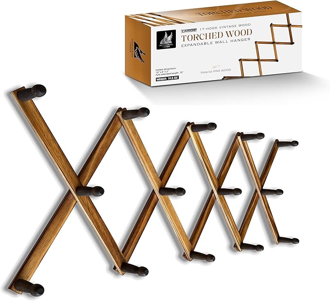 Expandable Wooden Coat Rack Hanger - Large Accordion Hanger with Expanding Pegs | Hand Made Rustic Wooden Hat Rack for Wall | Hang Coat, Jacket, Hat | Wall Rack – 14 Hook, Torched Wood