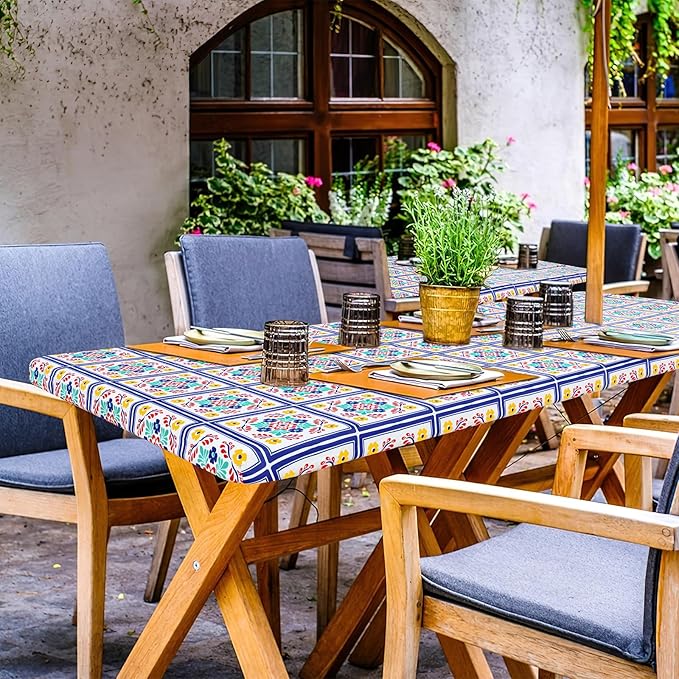 misaya Rectangle Vinyl Tablecloth, Fitted Table Cover, 100% Waterproof, Elastic Edge, Flannel Backing, Table Cloth Fit 6 Foot Folding Tables for Picnic, Outdoor (Geometric Flower, 30x72 inch)