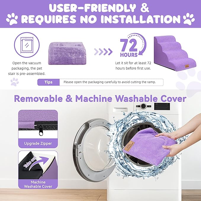 Zerbuger Dog Ramp and Stair for Bed 16" H-20 H,3-Step Cat Stair for Sofa and Chair,4-Step Dog Ramp for High Bed and Window,Durable Nonslip Fabric Cover for Indoor (Purple-20 H, Pet Friendly, 4)
