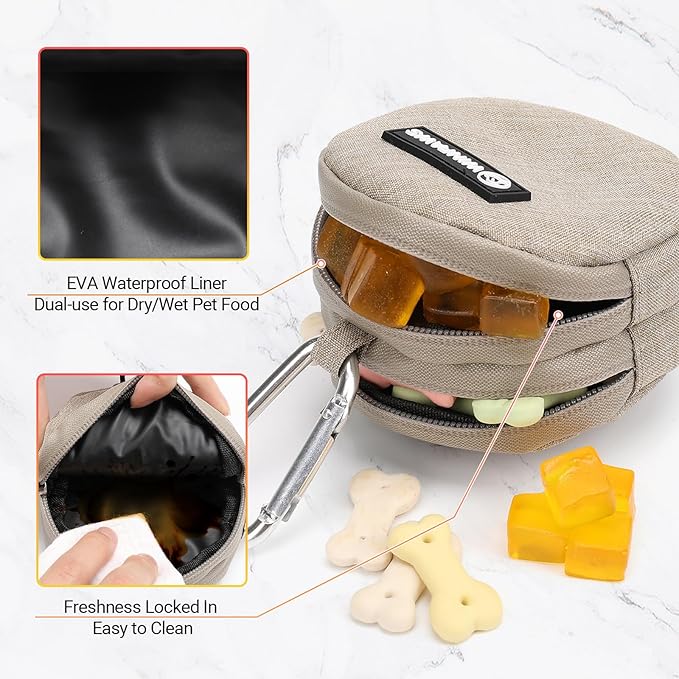 Dog Poop Bag Holder for Leashes- Dog Treat Pouch with Waterproof Zipper,Puppy Training Small Bag with Carabiner & Bungee Toggle,Two Pockets for Dry or Wet Treats-Pet Travel Walking Essentials (Khaki)