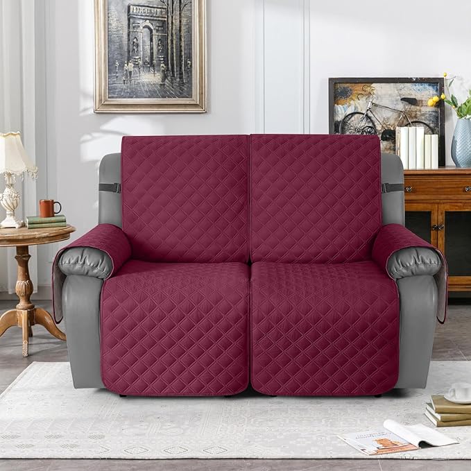 TAOCOCO 100% Waterproof Recliner Couch Covers, Recliner Sofa Covers with Leg Straps, 1-Piece Washable Reclining Sofa Cover with Pocket Couch Protector for Pets Kids(2 Seater, Wine)
