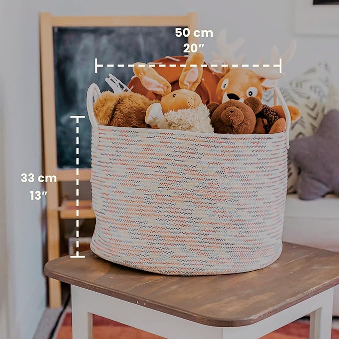 OrganiHaus Large Woven Storage Basket for Blankets and Toys 20" x 13" Inch, Rope Laundry Basket with Handles, Cushions & Pillows Storage Bin, Nursery Hamper, Soft Round Dog Toy Bin - Rainbow Stitches