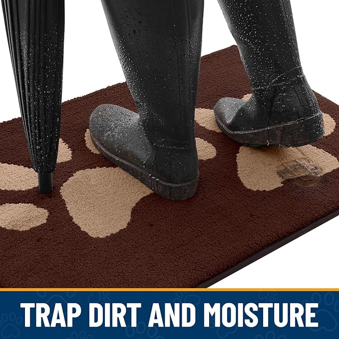 Smiry Dog Door Mat for Muddy Paws, Absorbs Moisture and Dirt, Low-Profile Entryway Mat with Non-Slip Backing, Entry Indoor Outdoor Doormat for Inside Floor (40x32 Inches, Brown, Paw)