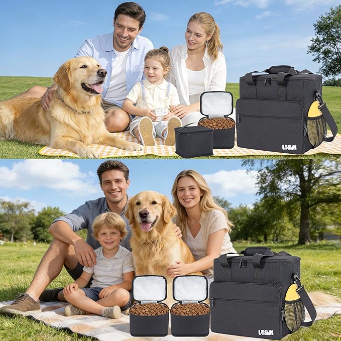 Dog Travel Bag, Large Pet Travel Set with Multi-Function Pockets, 2 Food Storage Containers, 2 Collapsible Bowls, 1 Feeding Mat for Pet Supplies, Road Trip Essentials, Weekend Camping (Black)