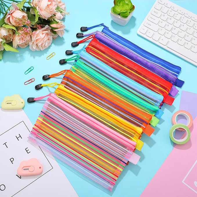 Leelosp 80 Pcs Mesh Zipper Pouch Bulk Back to School Pencil Storage Pouch Mesh Cosmetics Bags Toiletry Makeup Bags for Office Travel Organization(Elegant Color,9 x 4.7 Inch)