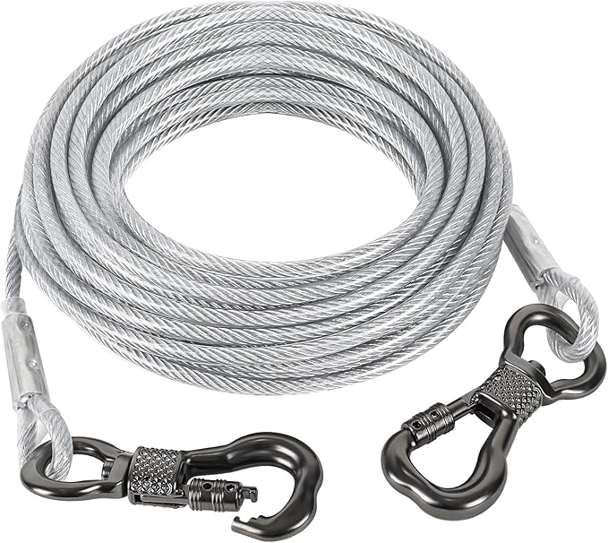 Tresbro 30FT Reflective Tie Out Cable for Dogs Up to 250 Pounds, Steel Wire Lead Leash Cable with Stainless Dual Fix Buckle, Lightweight and Enduring, Outdoor Dog Chains for Outside,Yard,Camping
