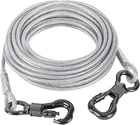 Tresbro 30FT Reflective Tie Out Cable for Dogs Up to 250 Pounds, Steel Wire Lead Leash Cable with Stainless Dual Fix Buckle, Lightweight and Enduring, Outdoor Dog Chains for Outside,Yard,Camping