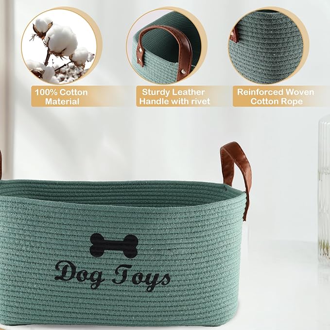Large Cotton Rope Dog Toy Basket Storage,16.5"x10.6"x 7.5" Dog Toy bin,Puppy toy basket,-Perfect for organizing pet toys,blankets,leashes,pee- mats and diapers-Green