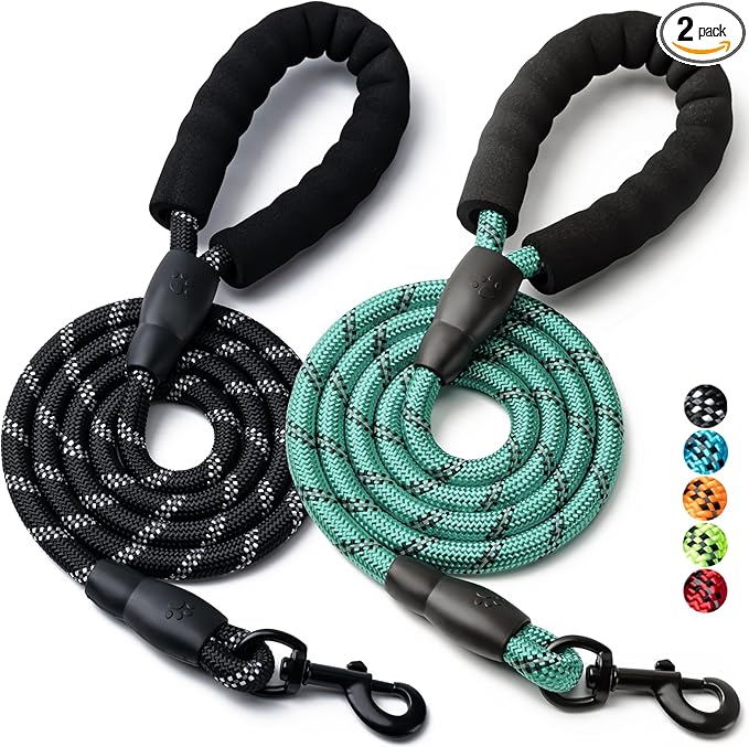 2 Pack Dog Leash, 4/5//6 FT Heavy Duty Nylon Rope Pet Leashes with Comfortable Padded Handle, Reflective Dog Leashes for Small Medium and Large Dogs (5FT-1/2,Black/Turquoise)