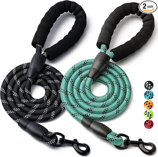 2 Pack Dog Leash, 4/5//6 FT Heavy Duty Nylon Rope Pet Leashes with Comfortable Padded Handle, Reflective Dog Leashes for Small Medium and Large Dogs (4FT-1/2,Black/Turquoise)