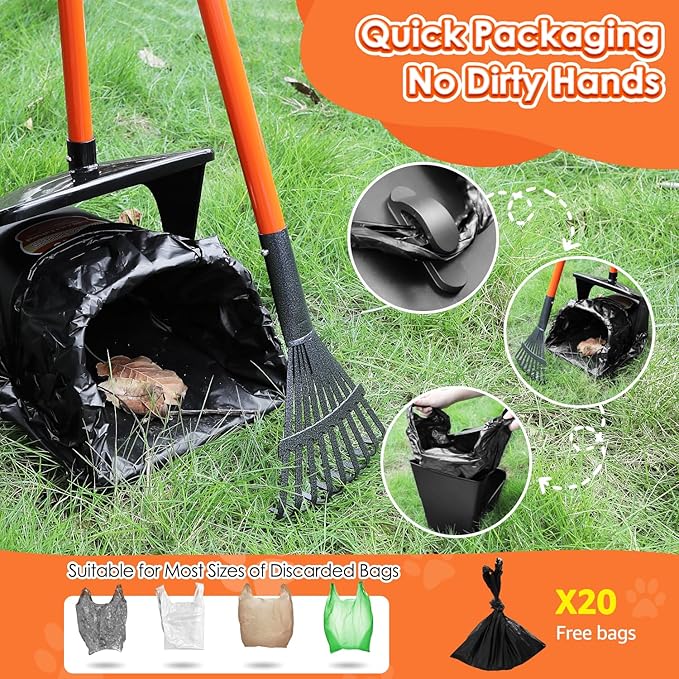 SlowTon Dog Pooper Scooper - 37.4" Long Handle Adjustable Metal Swivel Bin & Rake & Spade Kit with 20 Waste Bags, Portable Pooper Scooper for Gravel Lawn Grass, Suit for Small Medium Large Dog