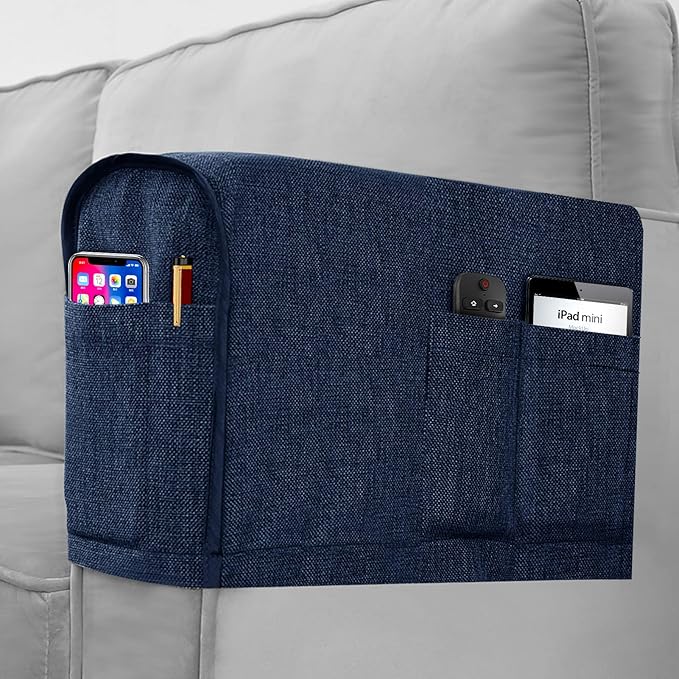 Joywell Linen Armrest Covers for Living Room Anti-Slip Sofa Arm Protector for Dogs, Cats, Armchair Slipcover for Recliner with 4 Pockets for TV Remote Control, Phone, Set of 2, Navy
