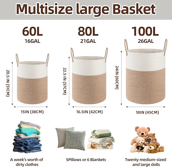 OIAHOMY Large Laundry Basket Hamper - 60L Cotton Rope Woven Basket for Blankets, Toys, Clothes - Tall Decorative Nursery Hamper with Long Handles, Brown/White
