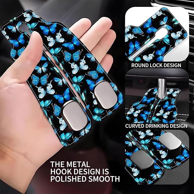 AEWNUNK Purse Hook for Car Watercolor Blue Butterflies 1 Pack Headrest Back Seat Hook Premium Leather Double Metal Hanger Storage Pack Bag Purse Holder Car Interior Accessories