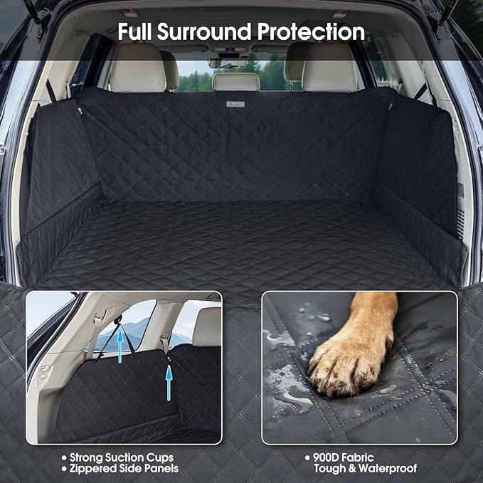 Dog Cargo Liner for Midsize/Large SUV & Minivan - Heavy-Duty 900D Oxford Waterproof Pet Cargo Protector with 3-Sided Zippered All-Round Protection & TPU Suction Cups, Ideal for Dog Travel