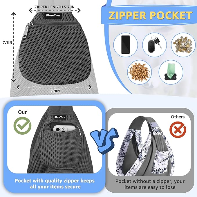 SlowTon Dog Carrier Sling - Thick Padded Shoulder Strap Adjustable Dog Carriers for Small Dogs, Puppy Carrier Purse for Pet Cat with Front Zipper Pocket Safety Belt Machine Washable (Grey Mesh L)