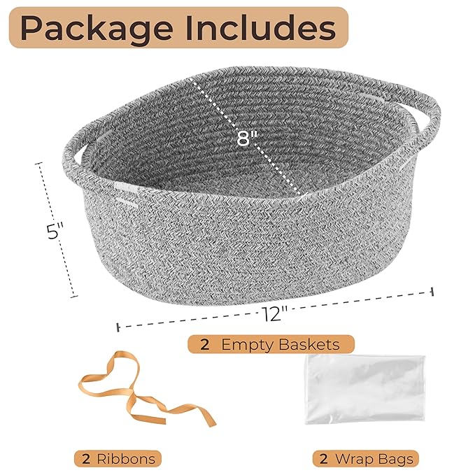 Small Woven Gift Basket Empty with Bag & Ribbon - Gifts for Mom, Baby Shower, Birthdays & Raffle - Cotton Rope Storage Basket for Dog Toys or Shelf - 12"x8"x5", Gray, 2 Packs