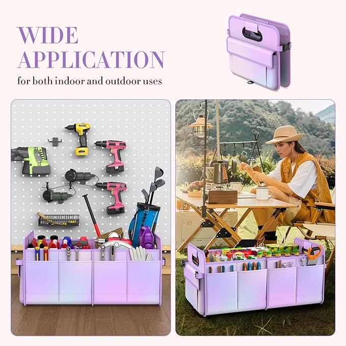 Trunk Organizer For Suv&Sedan,Car Organizers&Storage,Waterproof Collapsible & Adjustable Straps,70L Sturdy Car Organization for Car Accessories,Tools,Sundries,2-3Compartment(Colorful Purple)