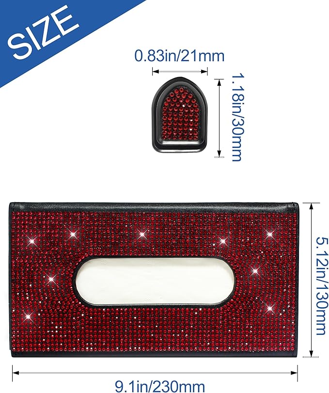 Bling Car Sun Visor Tissue Box Holder,PU Leather with Bling Crystal Rhinestones Tissue Holder,Car Accessories for Women (Red)