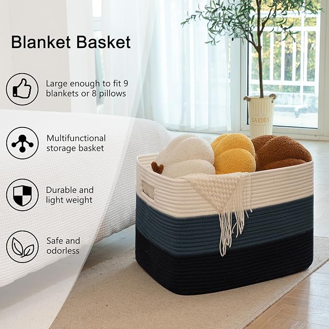 OIAHOMY 118L Extra Large Blanket Basket, Rectangle Woven Cotton Rope Storage Basket,Used for storing Dirty Clothes, Stuffed Animal Toy Storage for Living Room,Kids Room,25" x 17" x 16", Gradient Blue
