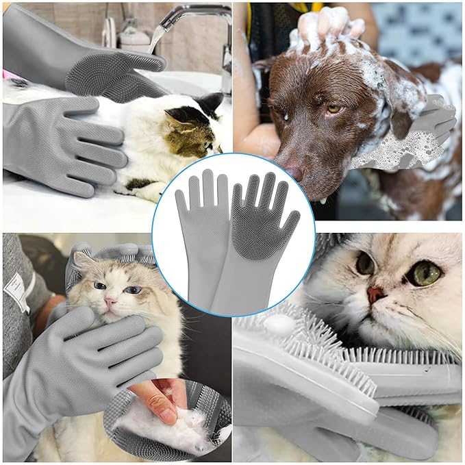 Pet Grooming Gloves - High-Density Silicone Gloves with Enhanced Five Finger Design for Massaging and Bathing Dogs and Cats (Grey)