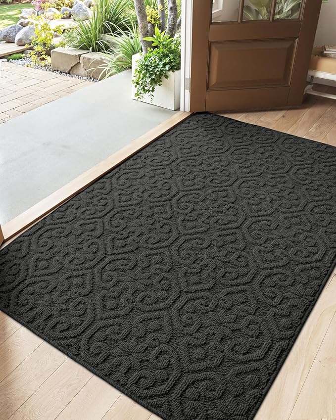 DEXI Front Door Entryway Mat Non Slip, 4x6 ft Large Washable Inside Entrance for House Floor Low Profile, Thin Entry Doormat Absorbent Dirt Trapper, Dark Grey