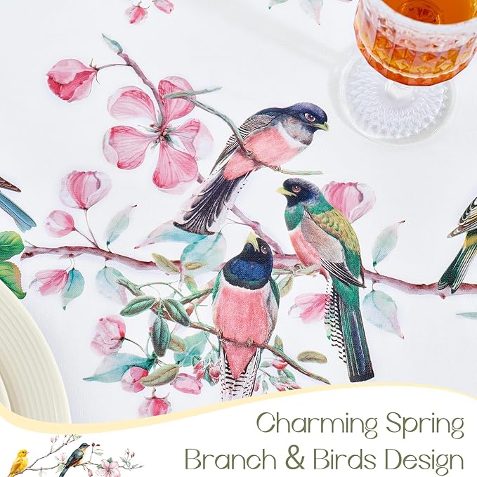 Romanstile Spring Rectangle Vinyl Tablecloth, 100% Waterproof Oil-Proof Plastic Table Cloth, Heavy Duty Vinyl Table Cover for Dining, Camping, Picnic, Outdoor - 54 x 78 Inch, Bird