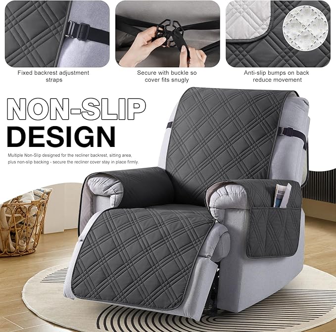 TAOCOCO 100% Waterproof Recliner Chair Cover, Recliner Cover Stay in Place for Recliner Chair with Pocket, Reclining Dog Chair Cover Furniture Protector for Kids, Pets(23.6'', Charcoal Gray)