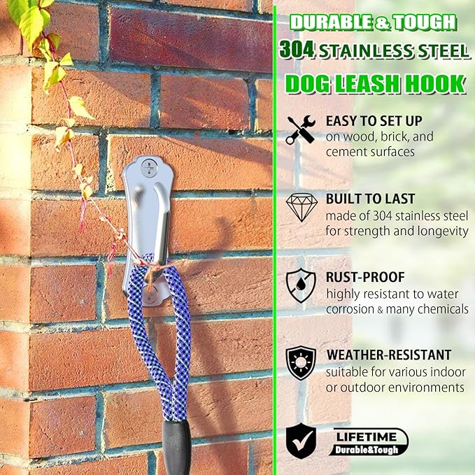 X-TECOKIT Stainless Steel Dog Tie-Out Hook,Heavy Duty Wall Mounted Leash&Chain Anchor,Rust-Proof for Yard&Patio,Secure Dog Parking System for All Weather Use