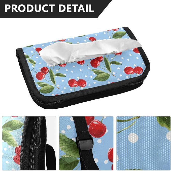 Car Tissue Holder Car Napkin Holder Car Tissue Box Dispenser Storage Case Sun Visor Mask Holder with Adjustable Straps Reusable Refillable Light Blue Dots Red Cherry